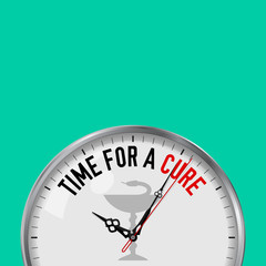 Time for a Cure. White Vector Clock with Motivational Slogan. Analog Metal Watch with Glass. Pharmacy, Drugstore Icon