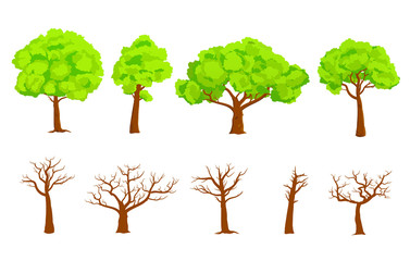 Vector collection of green trees and Flat bare trees vector illustration set