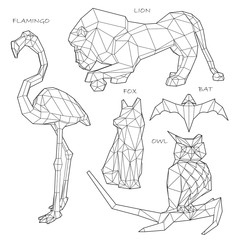 low poly set geometric animals: flamingo, lion, fox, bat, owl, vector graphic  illustration on white background