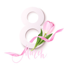 Happy Womens Day. 8March design template. Decorative number with pink ribbon and tulip flowers isolated on white background. Vector illustration