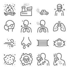 Dust Pollution Vector Line Icon Set. Contains such Icons as Lung, Factory, Dust Mask, Dirt Air and more. Expanded Stroke