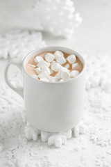 Fototapeta na wymiar cocoa with marshmallows on a winter snowy background