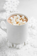 cocoa with marshmallows on a winter snowy background