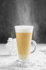 latte on a winter snow background