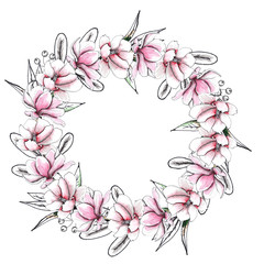 Floral watercolor and sketching wedding handpainted wreaths with delicate pink and monochrome flowers