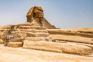 Egyptian Great Sphinx full body portrait head,with pyramids of Giza background Egypt empty with nobody. copy space
