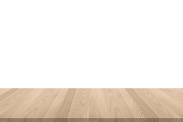 Isolated wood floor or  tabletop  with edge on white wall background in light  sepia brown