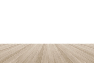Isolated wood floor or  tabletop  with edge on white wall background in light  sepia brown