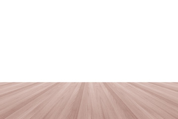 Isolated wood floor or table top on white wall background in light red oak brown color