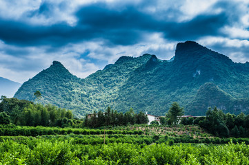 Mountains and rural scenery with blue sky in summer