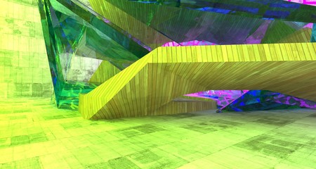 Abstract  Concrete Futuristic Sci-Fi interior With Violet And Yellow Glowing Neon Tubes . 3D illustration and rendering.