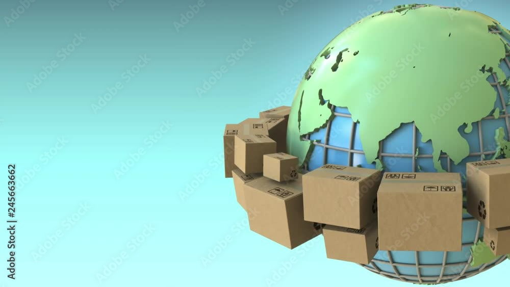 Poster boxes rotate around the world, asia emphasized. conceptual loopable 3d animation
