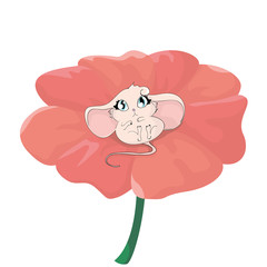 Small kawaii mouse on a delicate red flower. Cute little mouse!.Little pop-eyed mouse.