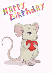 Greeting card "Happy Birthday". Cute mouse giving love and heart.