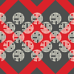 Polka dot seamless pattern. Gray-white-red mosaic of circles with different parts. Geometric background. Can be used for wallpaper, textile, invitation card, web page background.