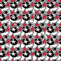 Hand drawn seamless vector pattern. Rock-n-roll and punk symbols and accessories, stars,vinyl records.
