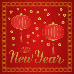 Happy Chinese New Year hand lettering on red background with traditional Oriental ornament, cherry blossom and lanterns. Easy to edit Vector template for party invitation, greeting card, banner, etc.