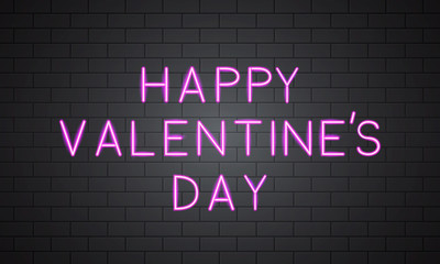 Happy Valentine’s Day 3d neon banner on brick wall. Retro sign with Hot pink glowing text on it. Easy to edit vector template for Valentines day greeting card, party invitation, flyer, poster etc.