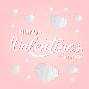 Happy Valentine’s day banner with calligraphy hand lettering and white folded paper hearts on pink background. Valentines day 3d greeting card. Vector illustration. Easy to edit design template.
