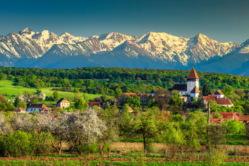 Fantastic rural spring landscape with Hosman village, Transylvania, Romania, Europe