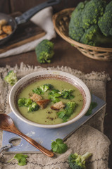 Homemade broccoli soup, fresh vegetable in and crispy croutons