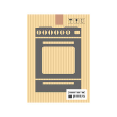Mock up of gas stove in carton box. Moving and delivery services. Vector illustration