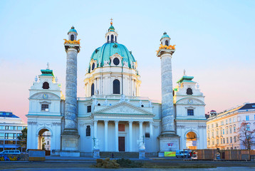 Fototapeta na wymiar Vienna, Austria, St. Charles Church. The Church of St. Charles, or Karlskirche, is the Catholic Church of Vienna. Built in the style of the Viennese Baroque.