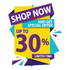 Shop Now Big Sale banner template design, poster, banner, up to 30% off. Vector illustration. Store label. Communication poster  Marketing Advertising and PR - Vector