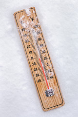 Wooden Thermometer in the snow with freezing temperatures