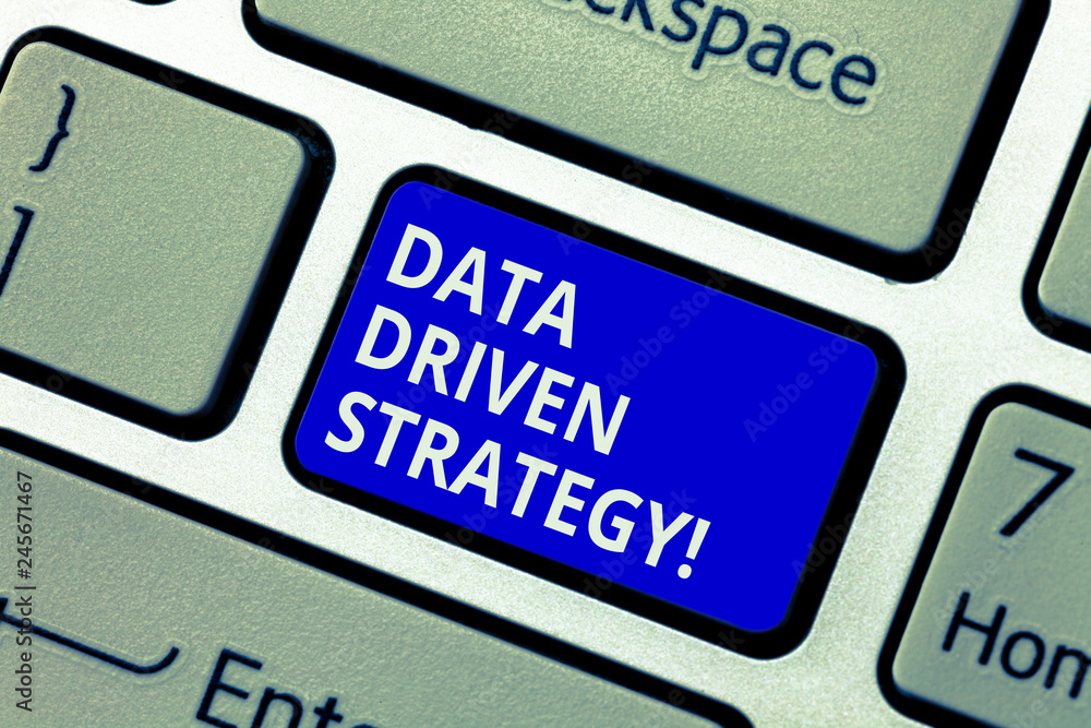 Fototapete Text sign showing Data Driven Strategy. Conceptual photo decisions based on data analysis and interpretation Keyboard key Intention to create computer message pressing keypad idea