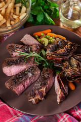 Slices of beef steak served with baked artichoke