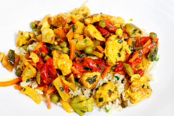 Thai dinner with chicken and vegetables.