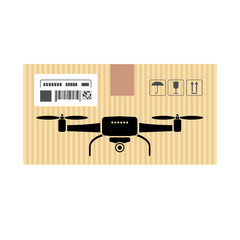Mock up of drone or quadrocopter in carton box. Moving and delivery services. Vector illustration