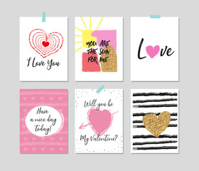 Set of romantic greeting card with love tags. Brush lettering. Hand drawn hearts.