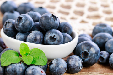 Blueberries in white bowl.