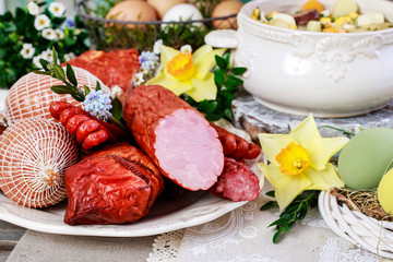 Smoked ham and sausage.