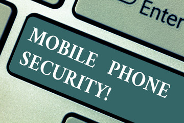 Conceptual hand writing showing Mobile Phone Security. Business photo showcasing secure data on mobile devices Wireless security Keyboard key Intention to create computer message idea