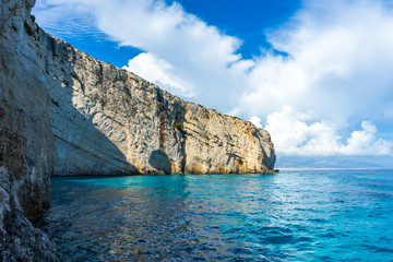 Greece, Zakynthos, Impressive cliffs at north cape skinari alongside blue ocean