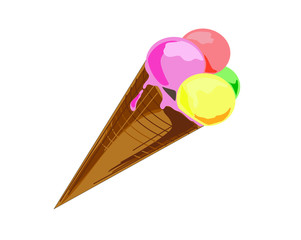 waffle cone with four balls of colorful ice cream