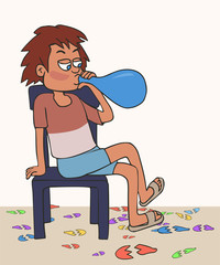 kid unsuccessfully blowing balloons cartoon