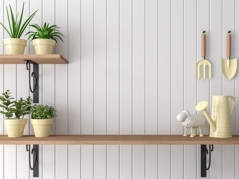 Wood shelf 3d render,There are empty white plank wall,Decorate with yellow garden equipment.