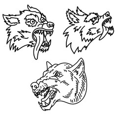 Set of wolf illustration in line style. Design element for emblem, sign, poster, t shirt.