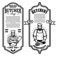 Set of vintage butchery and meat store flyers. Design element for logo, label, sign, badge, poster.