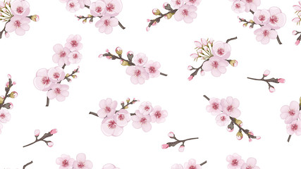 Pink on white fond. Design element for fabric, invitations, packaging, cards. Flying sakura flowers. Handmade Seamless pattern in oriental style.