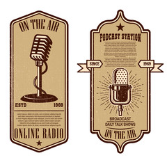 Set of vintage podcast, radio flyers with microphone. Design element for logo, label, sign, badge, poster.