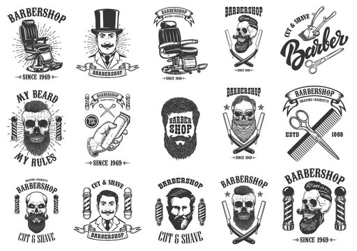 Set of vintage barber shop emblems, badges and design elements.  for logo, label, sign.