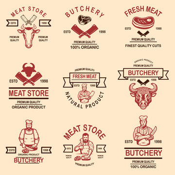 Set of meat store, butchery emblems. Design element for logo, label, sign, poster, banner. V