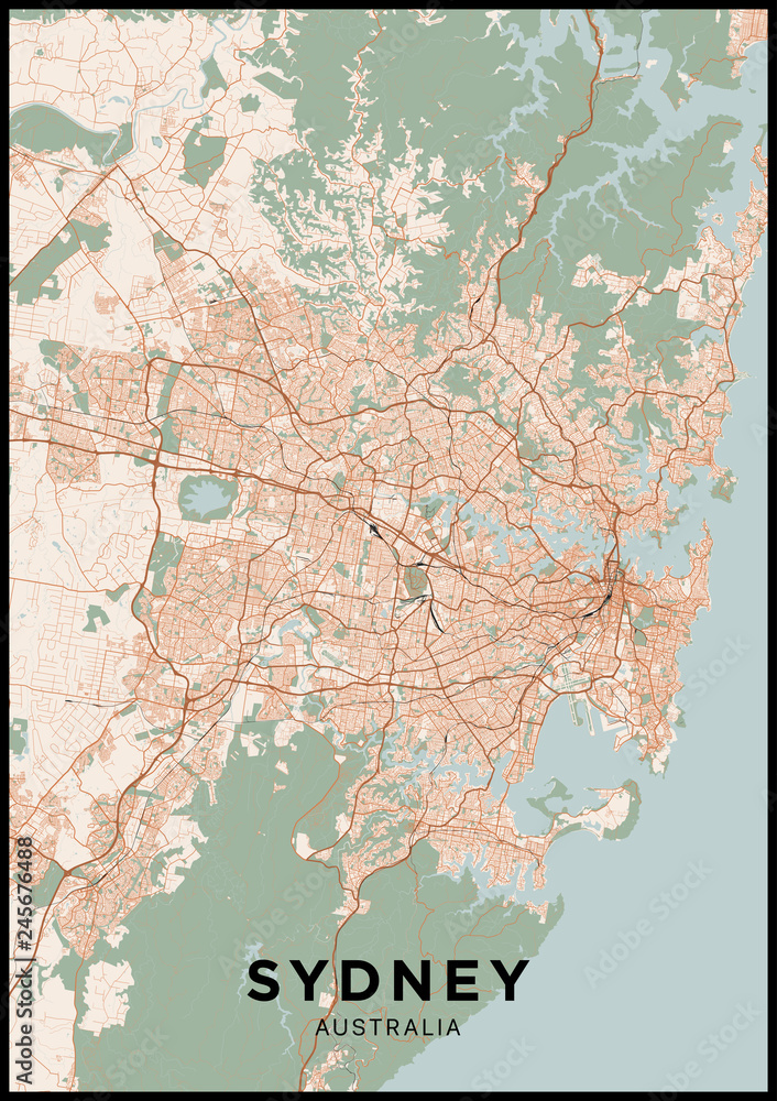 Wall mural sydney (australia) city map. poster with map of sydney in color. scheme of streets and roads of sydn