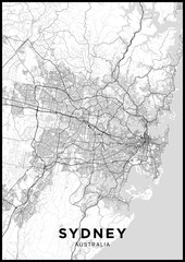 Obraz premium Mapa miasta Sydney (Australia). Czarno-biały plakat z mapą Sydney. Schemat ulic i dróg Sydney.
