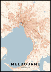 Naklejka premium Mapa miasta Melbourne (Australia). Plakat z mapą Melbourne w kolorze. Schemat ulic i dróg Melbourne.